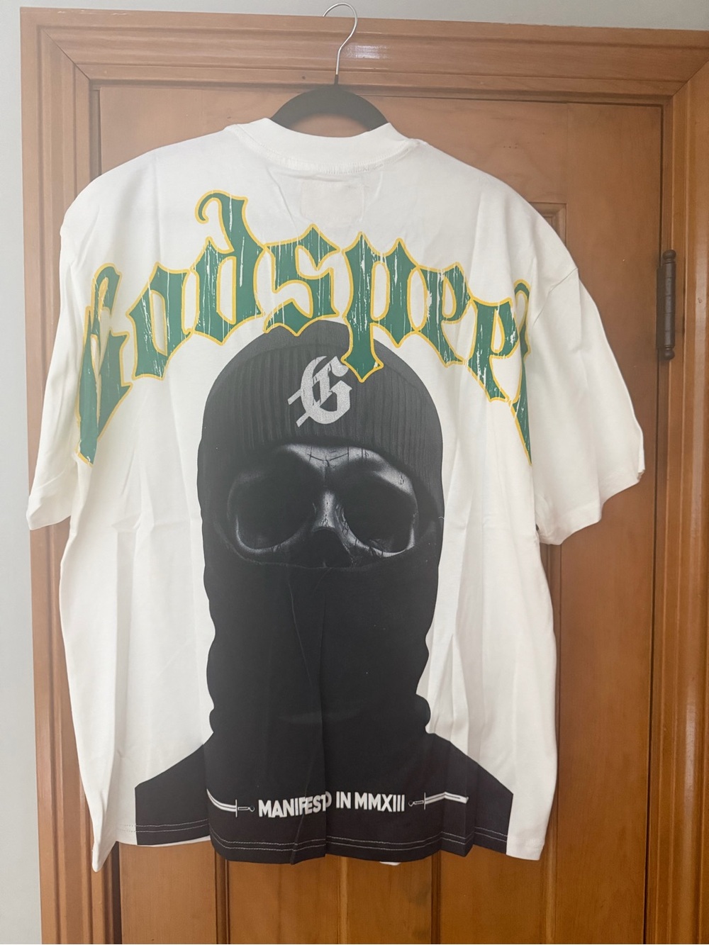 Mens Godspeed White Graphic T-Shirt with Green & Yellow Back Print